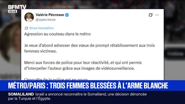 Agression au couteau dans le métro parisien: sur X, Valérie Pécresse a salué la réactivité des forces de l'ordre