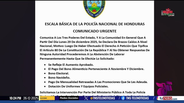 Escala básica de la Policía Nacional anuncia paro de brazos caídos por incumplimiento de peticiones