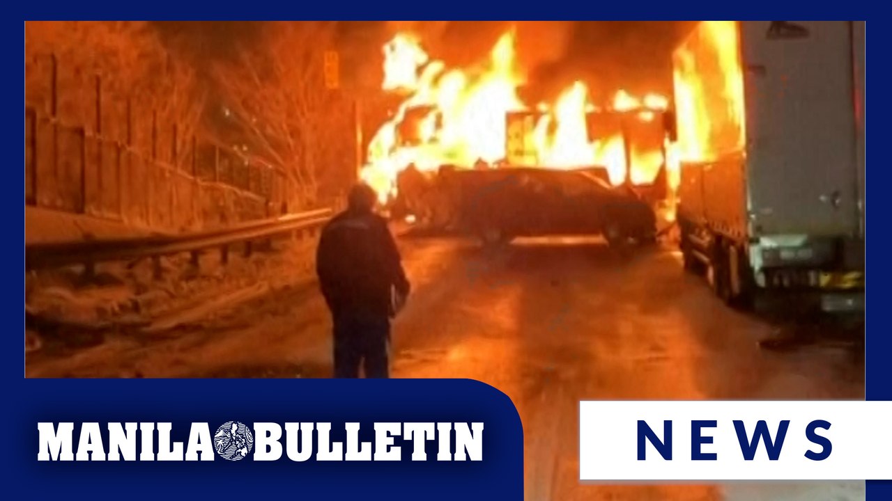 Flames and smoke billow from burning vehicles after deadly pileup on expressway in Japan