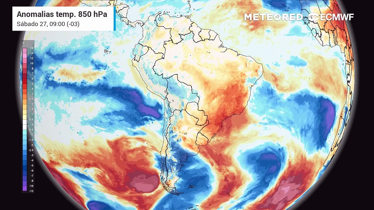 Sábado, 27 de dezembro: temperaturas em 850 hPa (massas de ar)