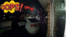 Just Eat driver loses it when a dinosaur jumps out of nowhere at the doorstep