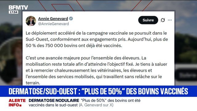 Dermatose nodulaire: la ministre de l'Agriculture Annie Genevard indique que plus de 50% des bovins ont été vaccinés dans le sud-ouest