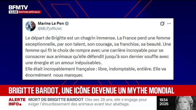 Décès de Brigitte Bardot: Elle était incroyablement française , réagit Marine Le Pen