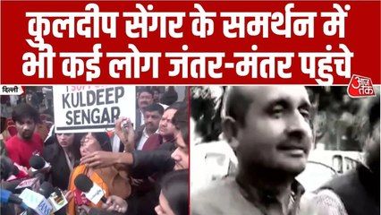 VIDEO: 'आई सपोर्ट कुलदीप सेंगर' का पोस्टर लेकर जंतर-मंतर पहुंची महिला, भारी हंगामा