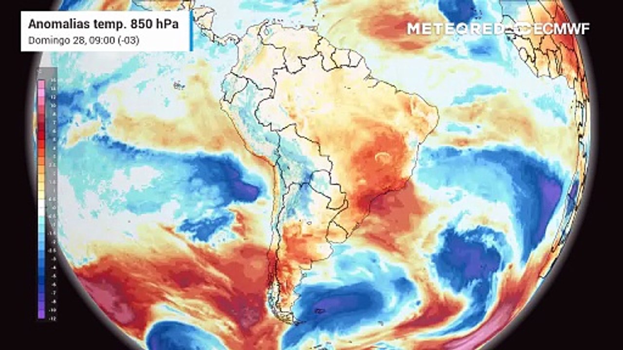 Domingo, 28 de dezembro: anomalia de temperaturas em 850 hPa (massas de ar)