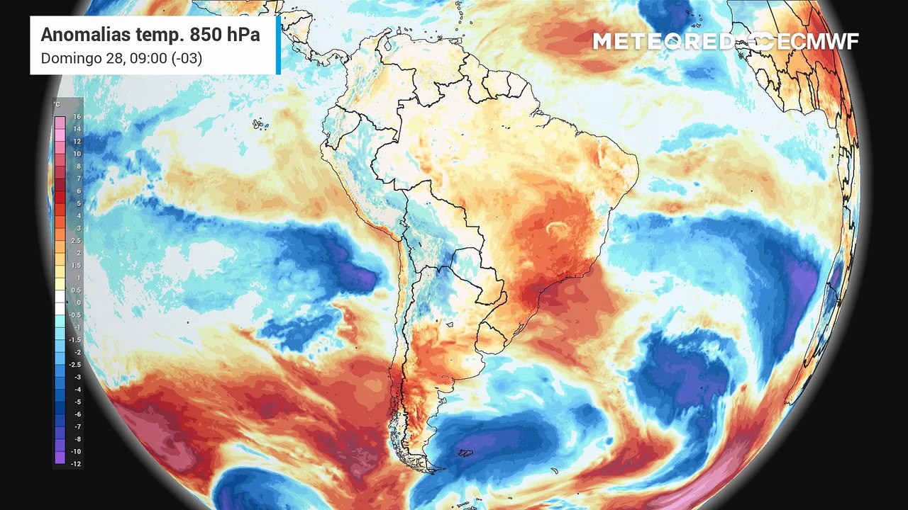 Domingo, 28 de dezembro: temperaturas em 850 hPa (massas de ar)