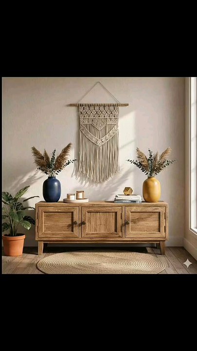 🔸 *Styling a cozy minimalist lounge with boho vibes!* 🛋️✨This setup features a rustic wooden console with three drawers, styled with a blue vase & a mustard yellow vase filled with pampas & eucalyptus, two scented candles on a tray, #HomeDecor