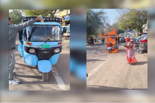 जोधपुर में शोरूम के बाहर ई-रिक्शा चालक ने अपनी ही गाड़ी में लगाई आग, बनाया लाइव वीडियो