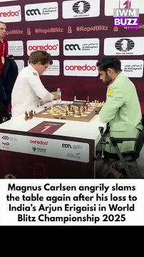 World No. 1 and five-time world champion Magnus Carlsen slams table angrily after loss to Arjun Erigaisi in Round 9 of FIDE World Blitz Championship 2025 in Doha on Monday