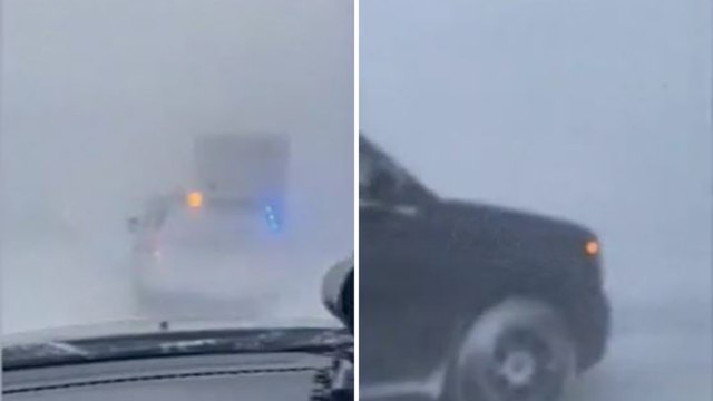 La tempesta di pioggia e neve vista dal parabrezza di un'auto: il traffico in tilt