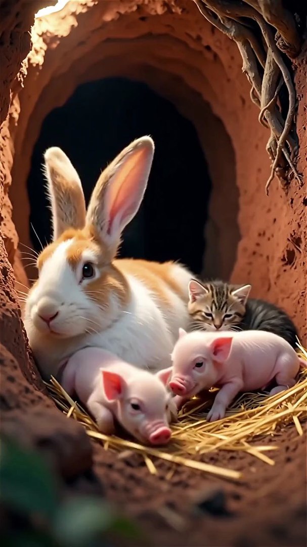 ⁣“Love Beyond Species 🥹 | A Mother Cat Cares for Piglets, a Kitten & a Rabbit”