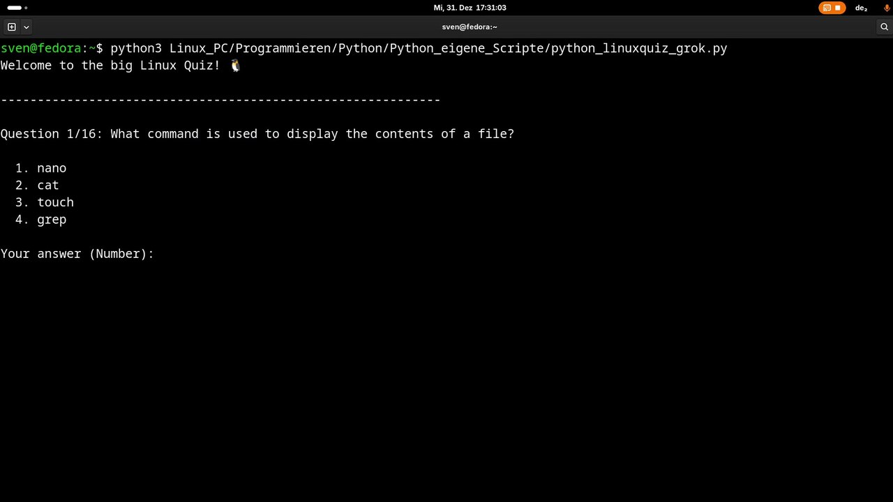 Ein in Python erstelltes Quiz mit Fragen über Linux auf Englisch.