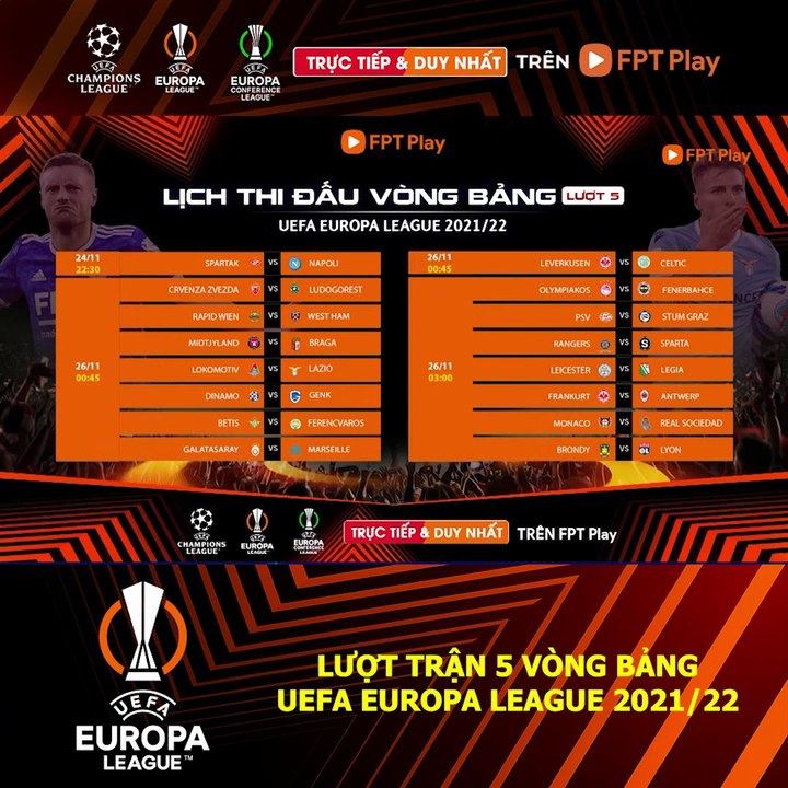 LƯỢT TRẬN THỨ 5 VÒNG BẢNG UEFA EUROPA LEAGUE 2021/22 | Trailer trên Truyền Hình FPT Play