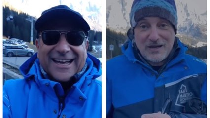 San Martino di Castrozza, Carlo Conti e Leonardo Pieraccioni in vacanza sugli sci: «Bellissime montagne ma non c'è neve»