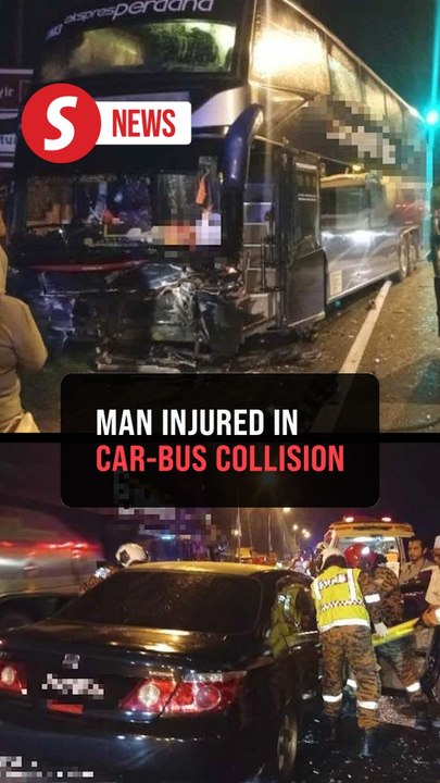 Driver suffers arm and leg fractures after car collides with bus