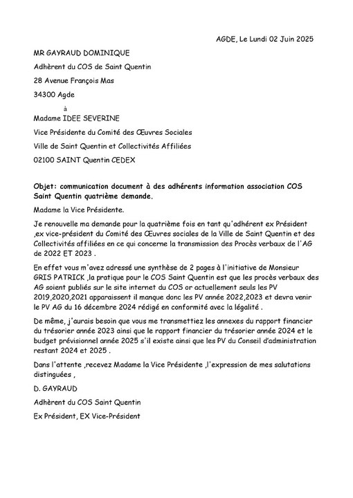 COURRIER à la VICE PRESIDENTE COS SAINT QUENTIN QUATRIIEME ENVOI