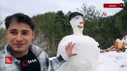 Adana Kozan’da kar keyfi: Kardan adama sucuk ekmek ve şalgam ikram ettiler