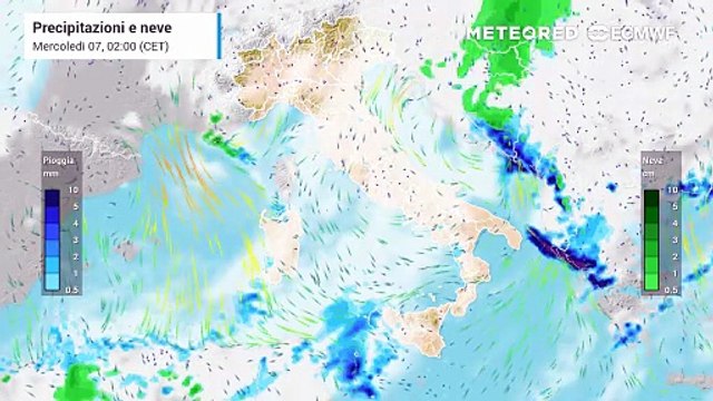 Mappa relativa a precipitazioni previste nei prossimi giorni