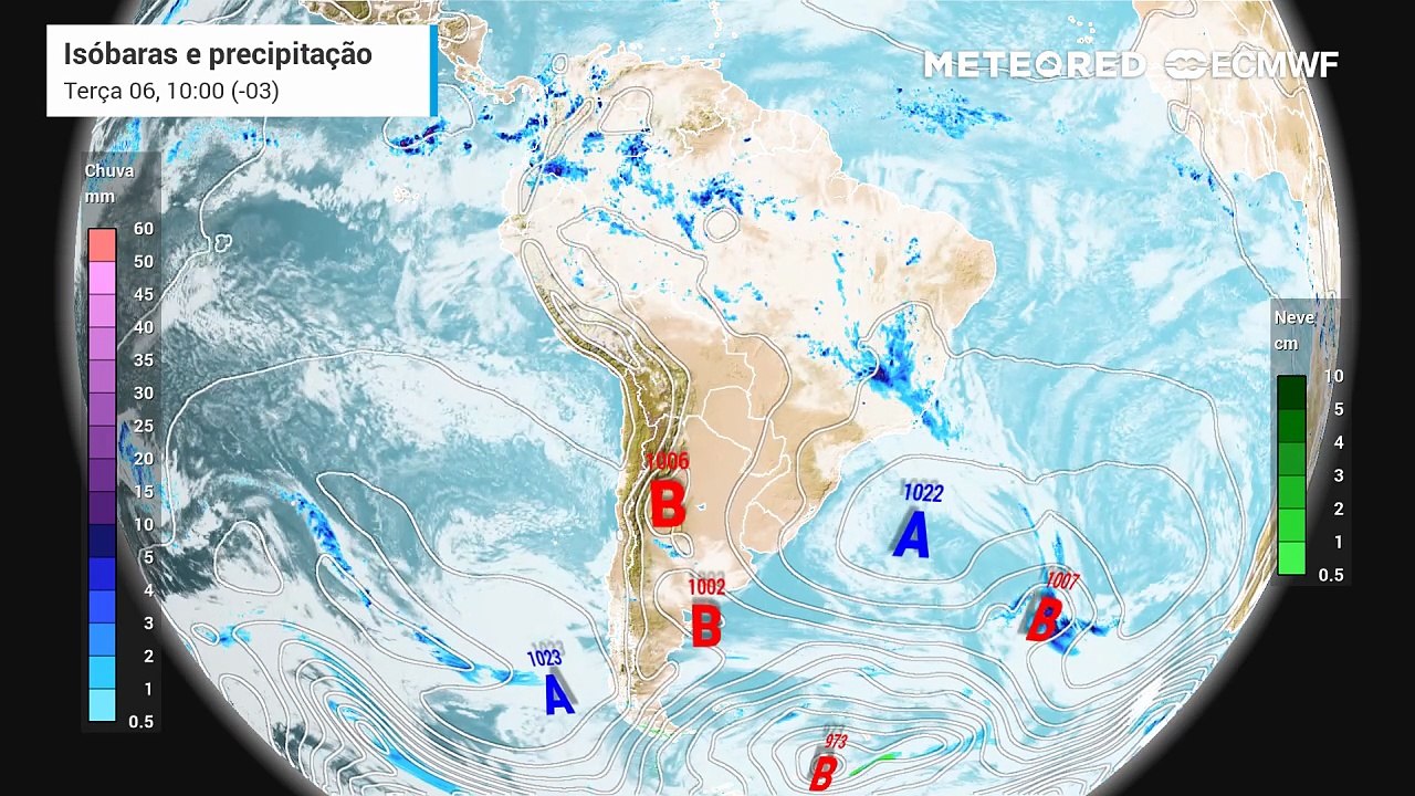 Terça-feira, 6 de janeiro: Previsão de precipitação, nebulosidade e pressão a nível médio do mar entre a terça (6) e quinta-feira (8).
