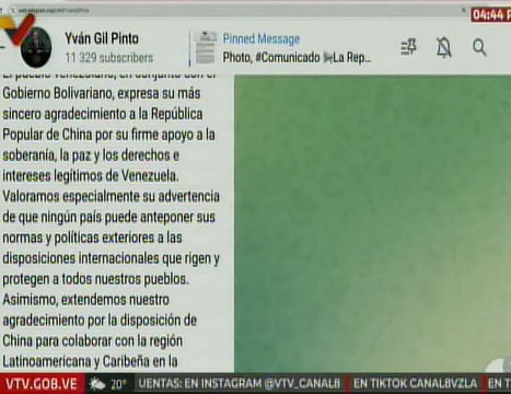 Venezuela expresa su agradecimiento a China por su apoyo a la soberanía