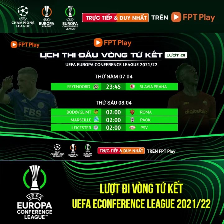 Vòng tứ kết Lượt Đi UEFA Europa Conference League 2021/22 | Trailer trên Truyền Hình FPT Play