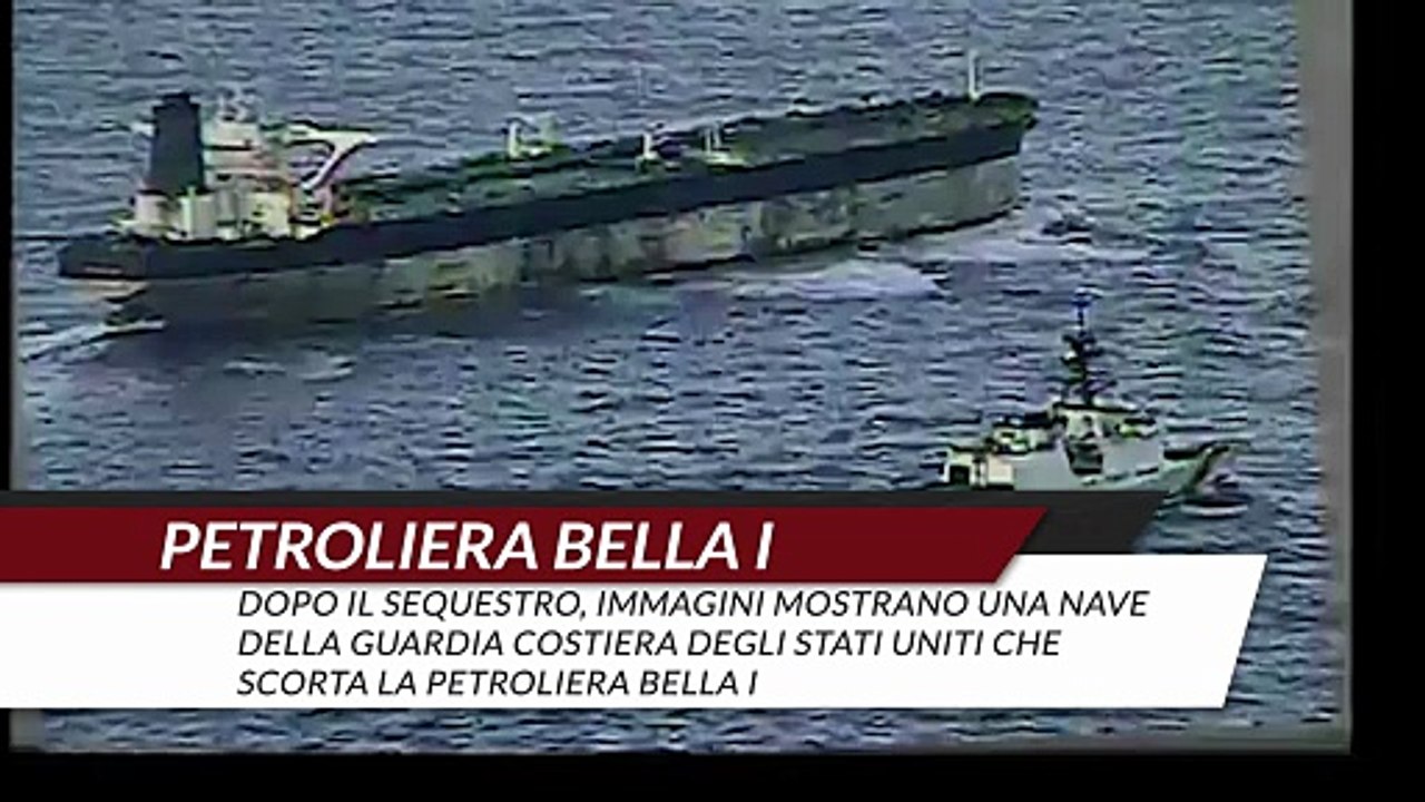Dopo il sequestro, immagini mostrano una nave della Guardia Costiera degli Stati Uniti che scorta la petroliera Bella I