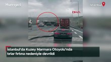 İstanbul'da Kuzey Marmara Otoyolu’nda tırlar fırtına nedeniyle devrildi