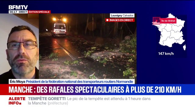 Tempête Goretti: Les camions, de plus de 7,5 tonnes, sont interdits de circuler depuis 18h dans la Manche et 19h dans le Calvados , assure Éric Moya (fédération nationale des transporteurs routiers)