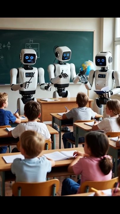 What will the world look like in 2030?.  AI Everywhere,  AI Robots Teaching in Schools.