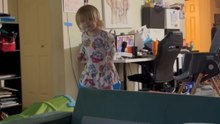Little girl goes all out climbing a couch but ends up falling