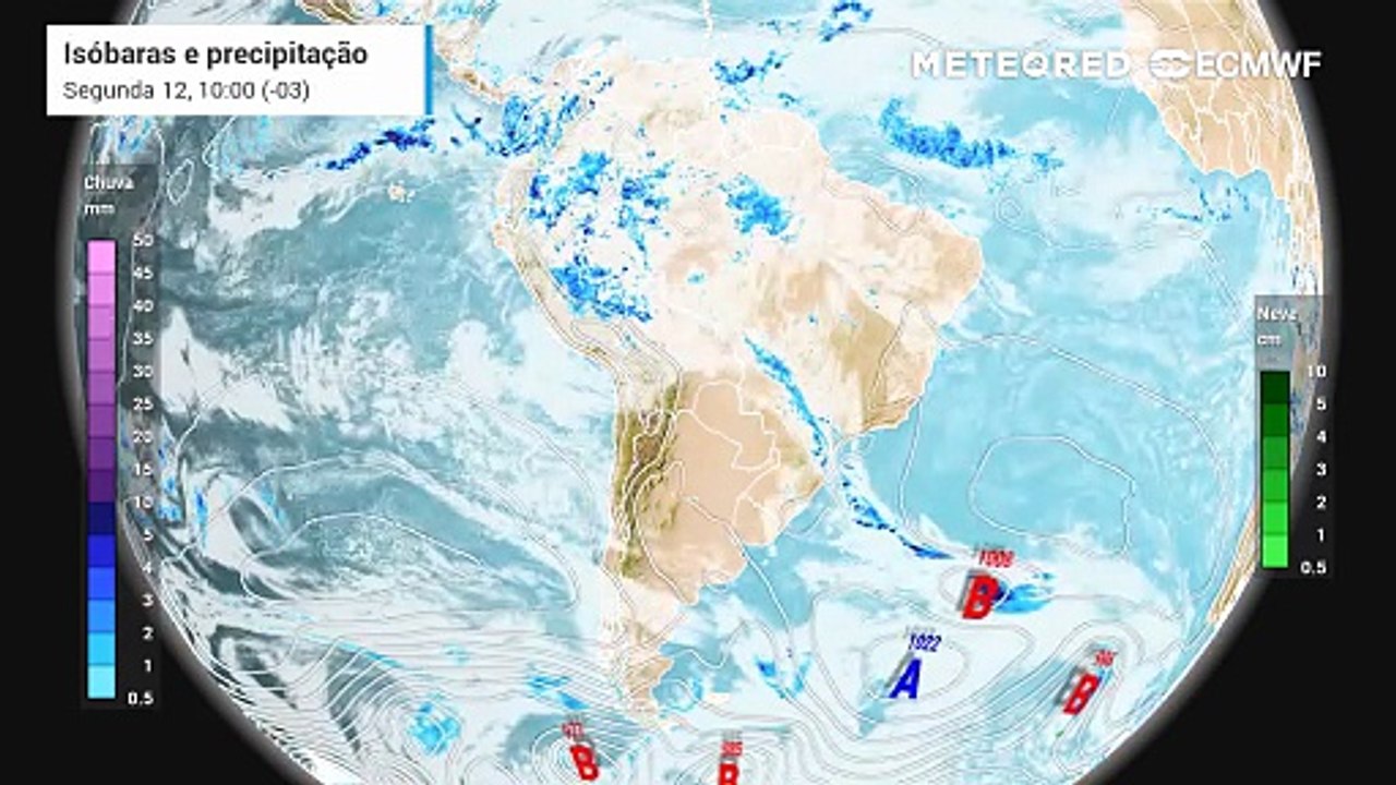 Segunda-feira, 12 de janeiro: Previsão de nebulosidade, chuvas e pressão a nível médio do mar.