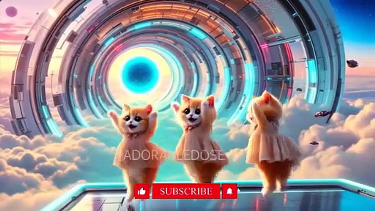 Cats Dancing Above the Clouds in a Floating Spiral City