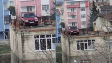 Silivri’de şaşırtan görüntü: Çatıda araba!