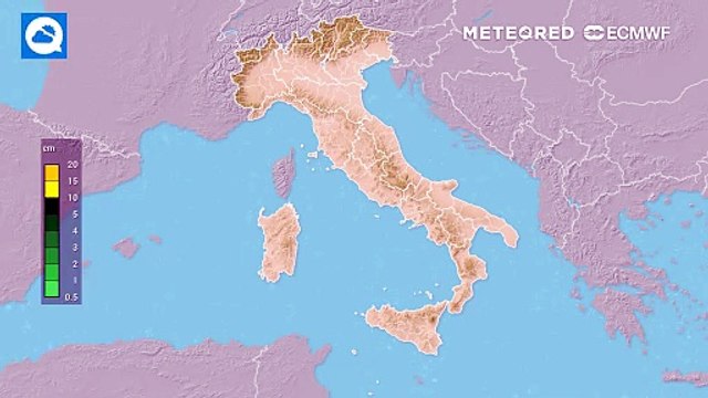 Mappa relativa alle precipitazioni nevose previste in Italia nei prossimi giorni
