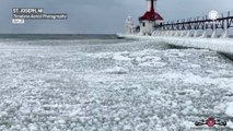 Majestic ice waves roll across Lake Michigan