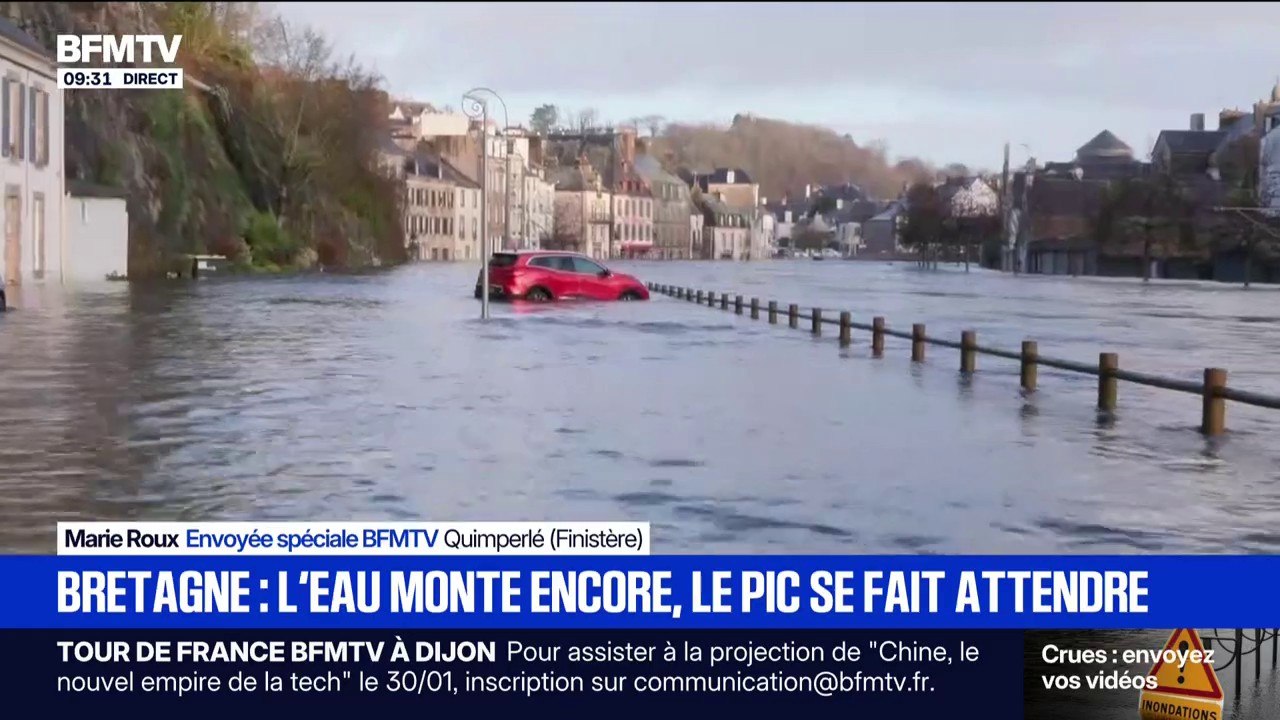 Crues en Bretagne: les quais de Quimperlé inondés par la Laïta