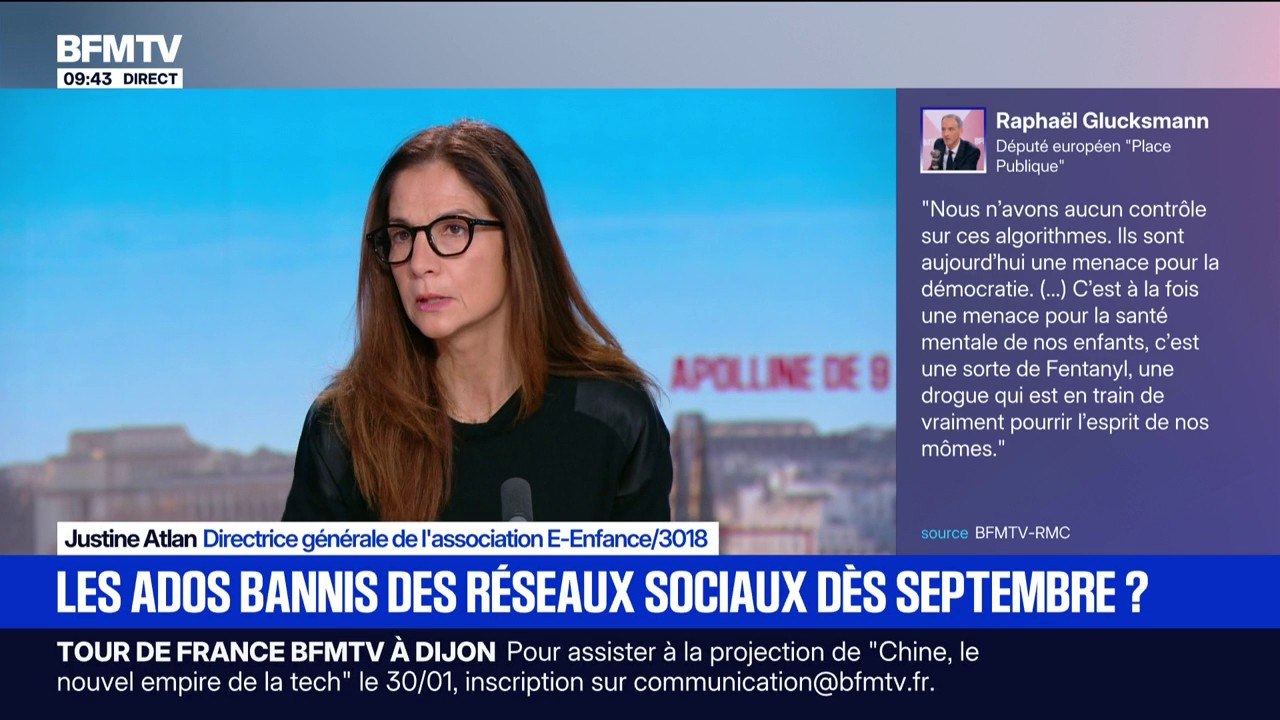 Interdire les réseaux sociaux au moins de 15 ans "ne va pas solutionner le problème", estime Justine Atlan (association E-Enfance)