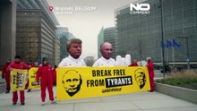 Greenpeace odsłania w Brukseli kukły Trumpa i Putina, wzywa UE do odejścia od paliw kopalnych