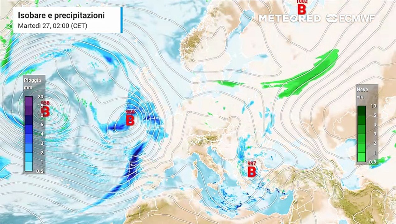 Perturbazioni e cicloni a ripetizioni dall'Atlantico all'Italia, con neve sulle Alpi e tempeste al sud
