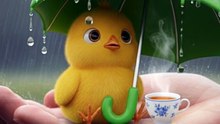 AI chick fun with cup of tea in raining weather