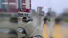 Göle dönen yollarda direksiyon başındaki motokurye yaşadığı zorlu anlatı kaydetti