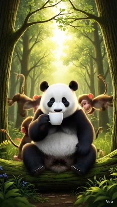 Panda drinking coffee in the forest