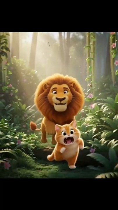 Lion start chasing to popo kitten cat