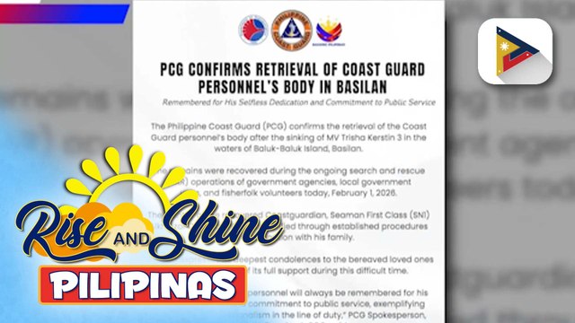 PCG, kinumpirma ang pagka-rekober sa labi ng isang coast guard personnel mula sa lumubog na M/V Trisha Kerstin 3