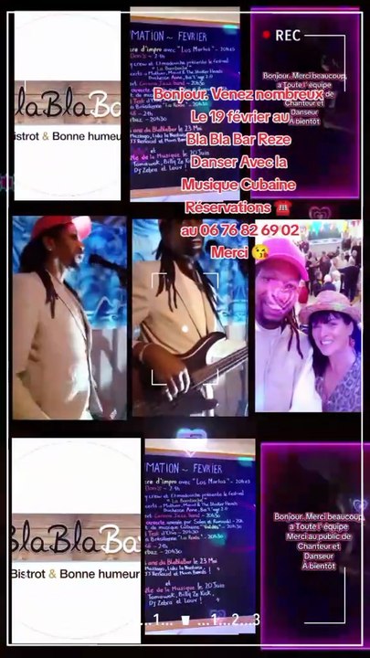 Bonjour 🌞 Venez nombreux comme d'habitude au Bla Bla Bar à Rezé le 19 février pour un concert de musique Cubaine et Latine à partir de 20 h 30. Venez danser et chanter Réservations ☎️ au 06 76 82 69 02Merci d' avance 😘