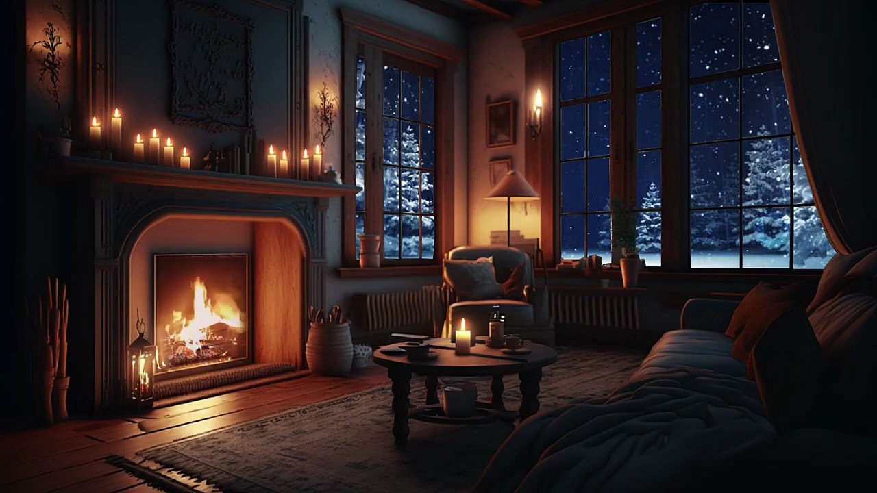 Cozy Fireplace Jazz Night ❄️ Warm Fire, Falling Snow & Relaxing Jazz Music