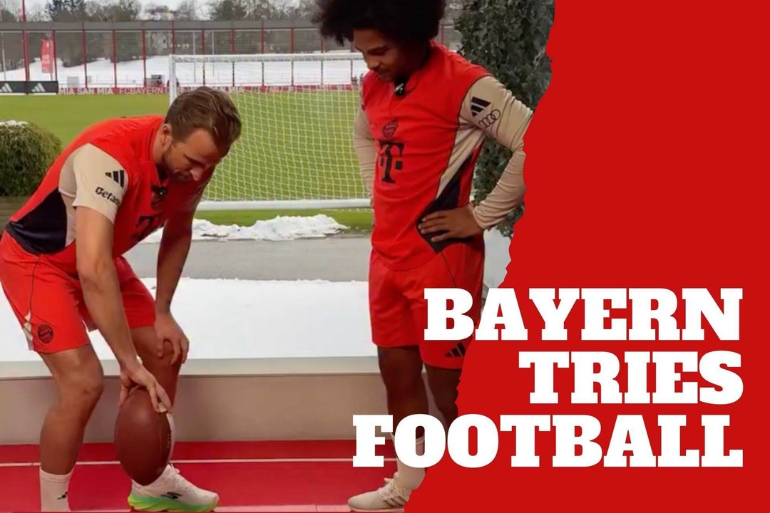 Bayern Munich stars Harry Kane and Serge Gnabry try to spin a football