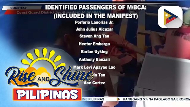 Mga pangalan ng 16 sakay sa lumubog na M/BCA Amejara, isinapubliko ng Coast Guard Southeastern Mindanao; biyahe ng mga motorbanca sa Davao City, apektado dahil sa sunod-sunod na insidente sa karagatan | ulat ni JC Aliponga ng PTV Davao