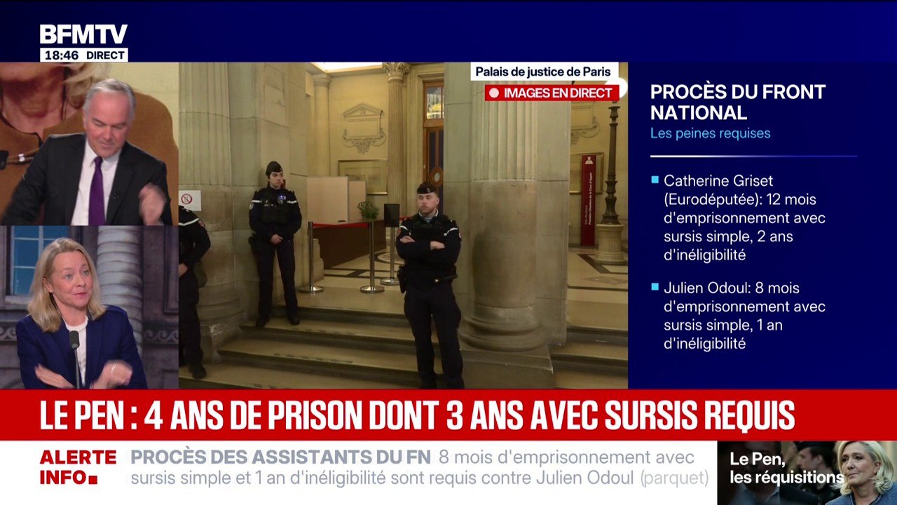 Procès FN: 4 ans de prison dont 3 ans avec sursis et 5 ans d'inéligibilité requis contre Marine Le Pen