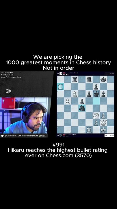 Hikaru reaches the highest bullet rating ever on Chess.com (3570) #magnuscarlsen #chessnetx #chess #chessplayer #chessmaster #Hikaru